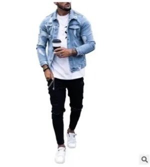 2024 Spring Summer New Lapel Men's Denim Coat Ripped Irregular Bleached Jacket Men Fashion Casual Jackets Coats