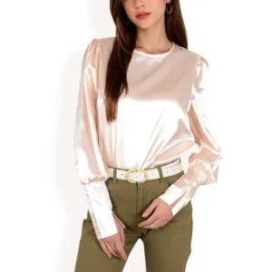 Anna-Kaci Women's Satin Long Sleeve Blouse with Buttoned Cuffs and Subtle Puff Shoulders