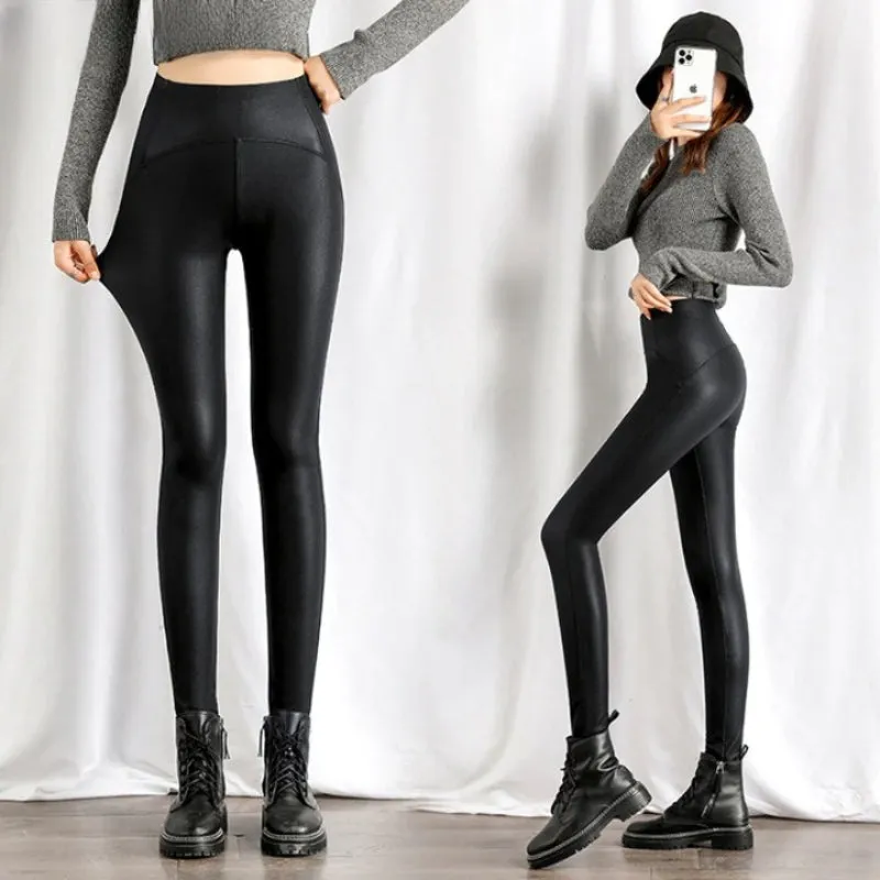 Black Fleece Matte Leather Leggings For Women