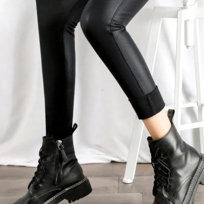 Black Fleece Matte Leather Leggings For Women