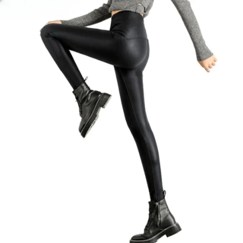 Black Fleece Matte Leather Leggings For Women