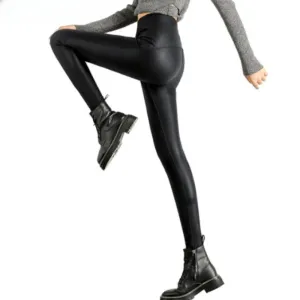 Black Fleece Matte Leather Leggings For Women