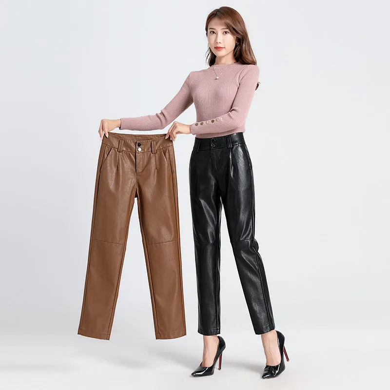 Brown Leather Pants Fall/Winter Genuine Leather Pants Pencil Pants High Waist Sheepskin Skinny Trousers