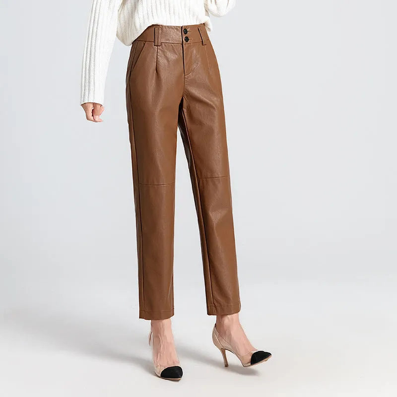 Brown Leather Pants Fall/Winter Genuine Leather Pants Pencil Pants High Waist Sheepskin Skinny Trousers