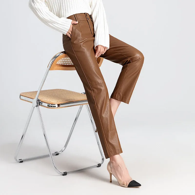 Brown Leather Pants Fall/Winter Genuine Leather Pants Pencil Pants High Waist Sheepskin Skinny Trousers
