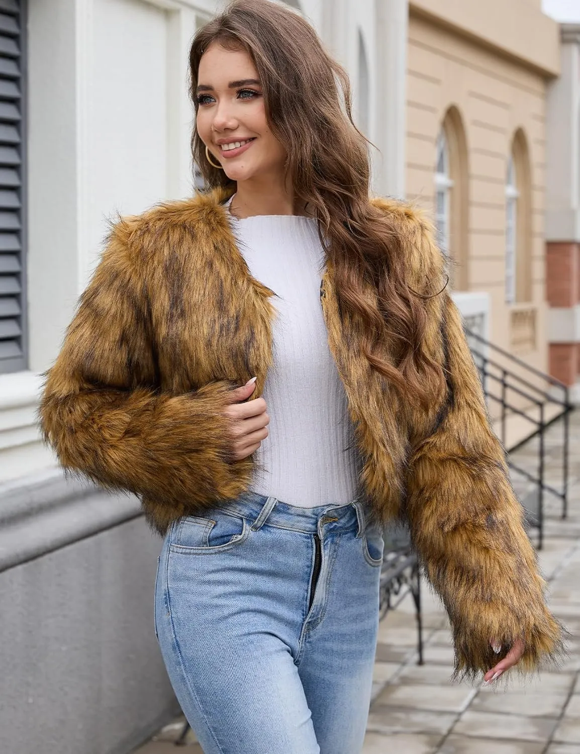 Gihuo Women's Winter Cropped Faux Fur Coat Long Sleeve Open Front Cardigan Fleece Jackets Shaggy Parka Outerwear