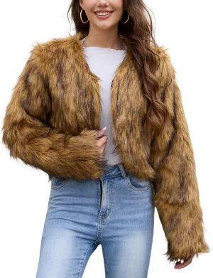 Gihuo Women's Winter Cropped Faux Fur Coat Long Sleeve Open Front Cardigan Fleece Jackets Shaggy Parka Outerwear