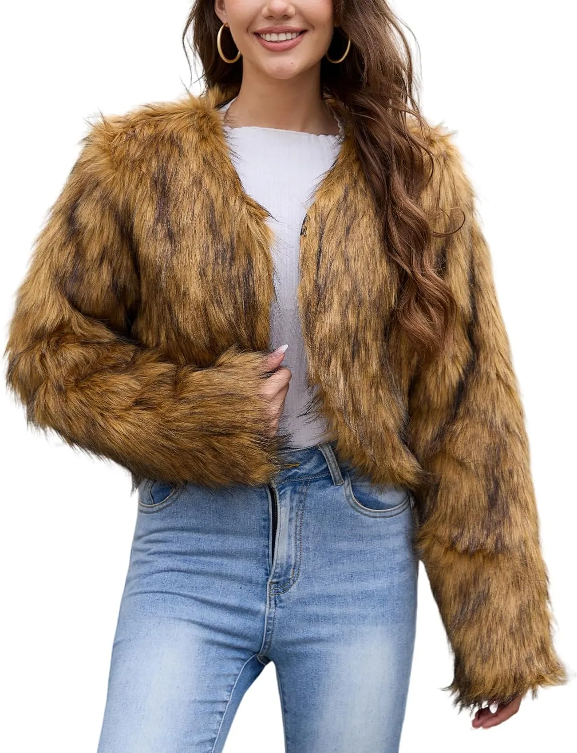 Gihuo Women's Winter Cropped Faux Fur Coat Long Sleeve Open Front Cardigan Fleece Jackets Shaggy Parka Outerwear