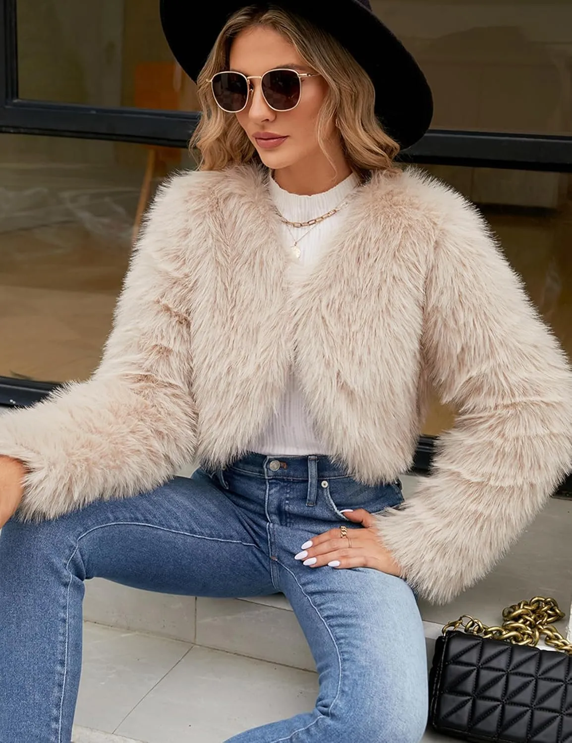 Gihuo Women's Winter Cropped Faux Fur Coat Long Sleeve Open Front Cardigan Fleece Jackets Shaggy Parka Outerwear