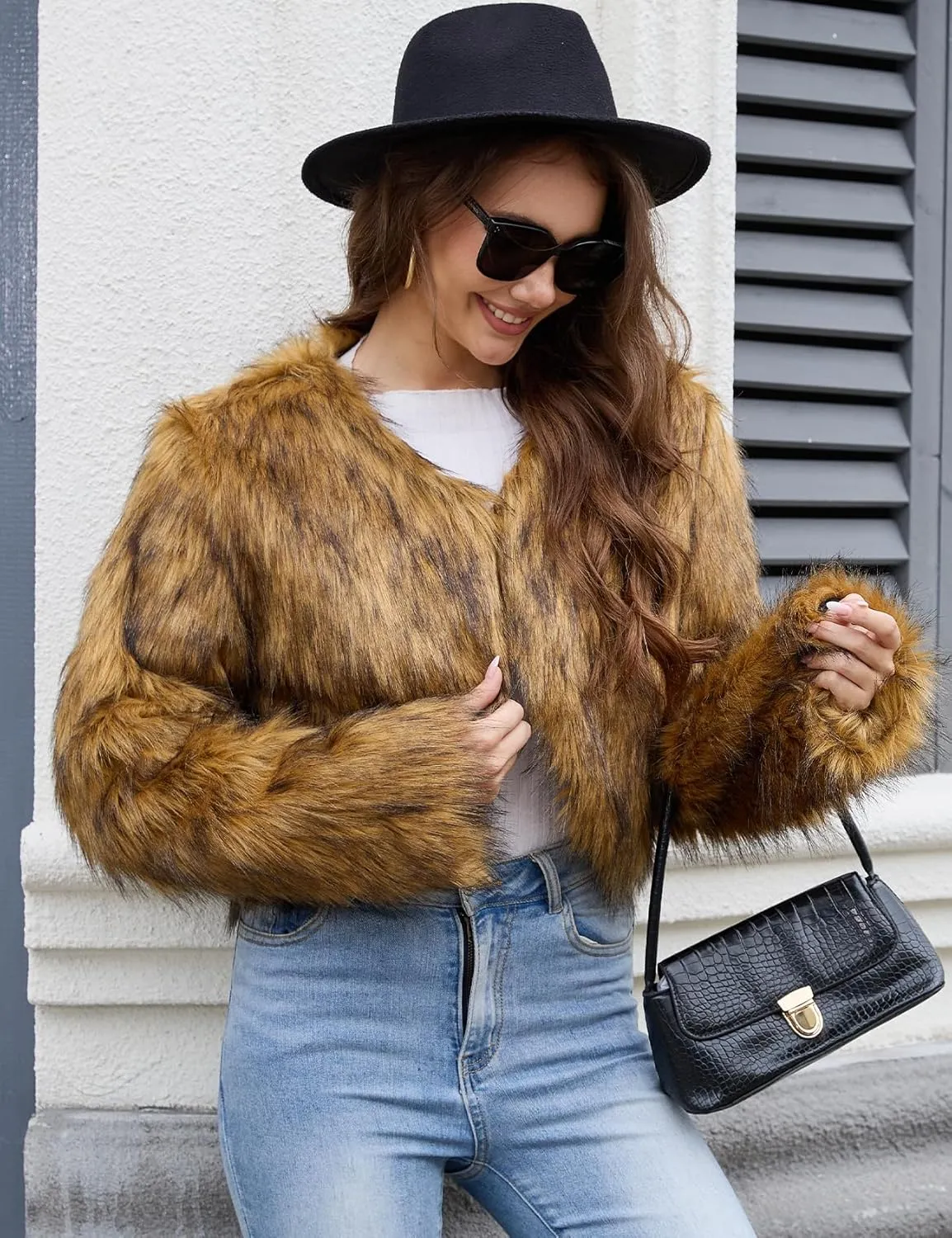 Gihuo Women's Winter Cropped Faux Fur Coat Long Sleeve Open Front Cardigan Fleece Jackets Shaggy Parka Outerwear