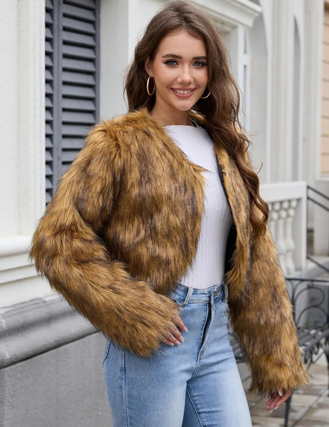 Gihuo Women's Winter Cropped Faux Fur Coat Long Sleeve Open Front Cardigan Fleece Jackets Shaggy Parka Outerwear