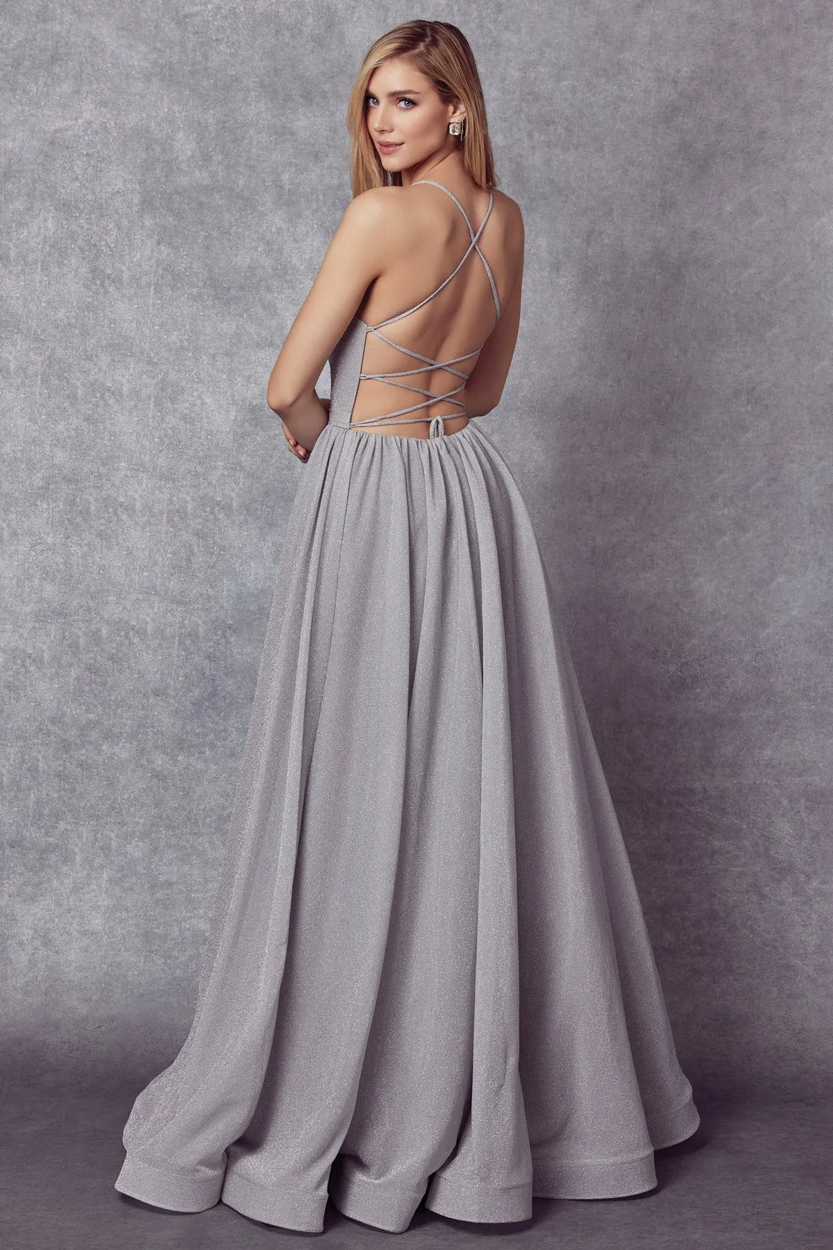 Long Metallic Glitter Dress with Lace-Up Back by Juliet 204