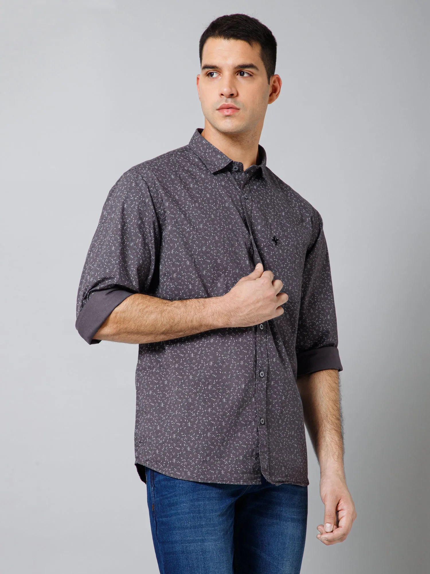 Men's Dark Grey Casual Floral Print Full Sleeve Shirt