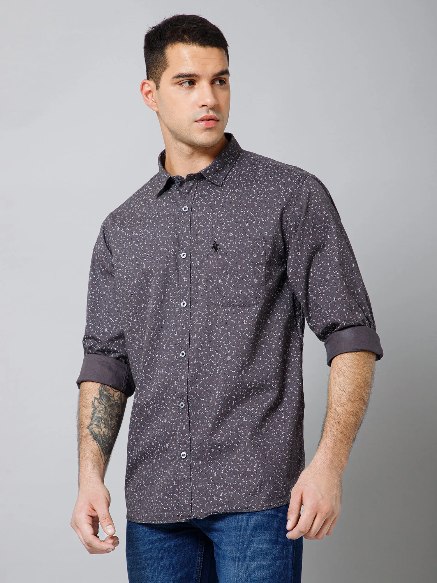 Men's Dark Grey Casual Floral Print Full Sleeve Shirt