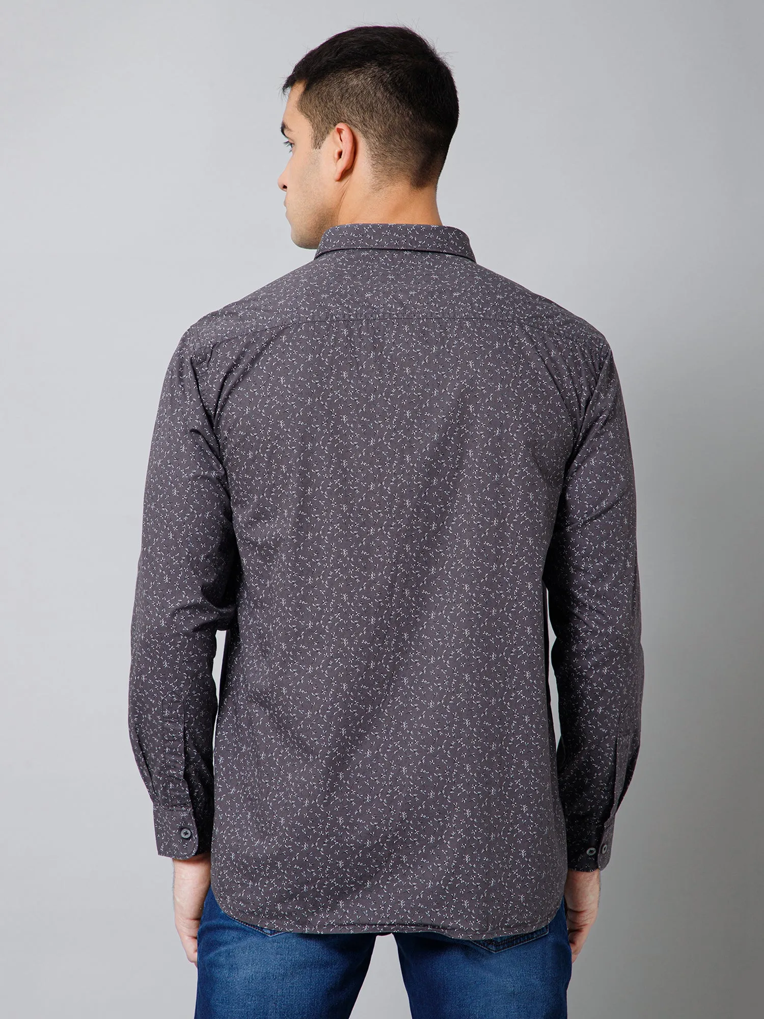Men's Dark Grey Casual Floral Print Full Sleeve Shirt