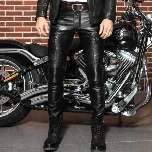 Mens Genuine Leather Black Pants Biker Slim Fit Sheep Leather - Handmade