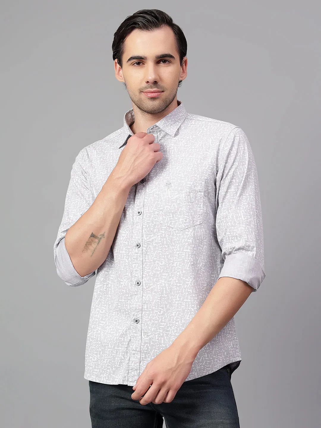 Men's Grey Printed Full Sleeve Casual Shirt