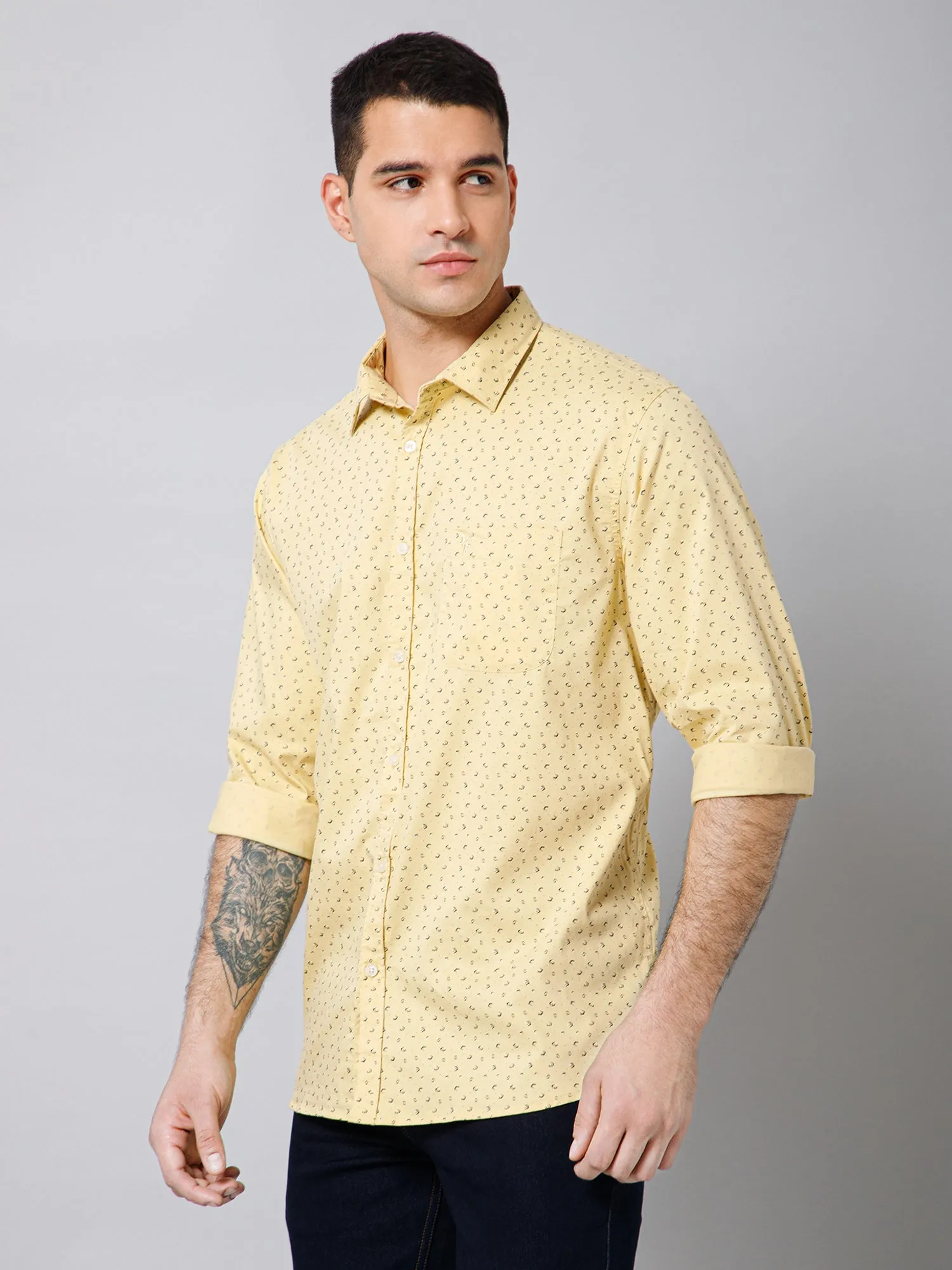 Men's Light Yellow Casual Ditsy Print Full Sleeve Shirt