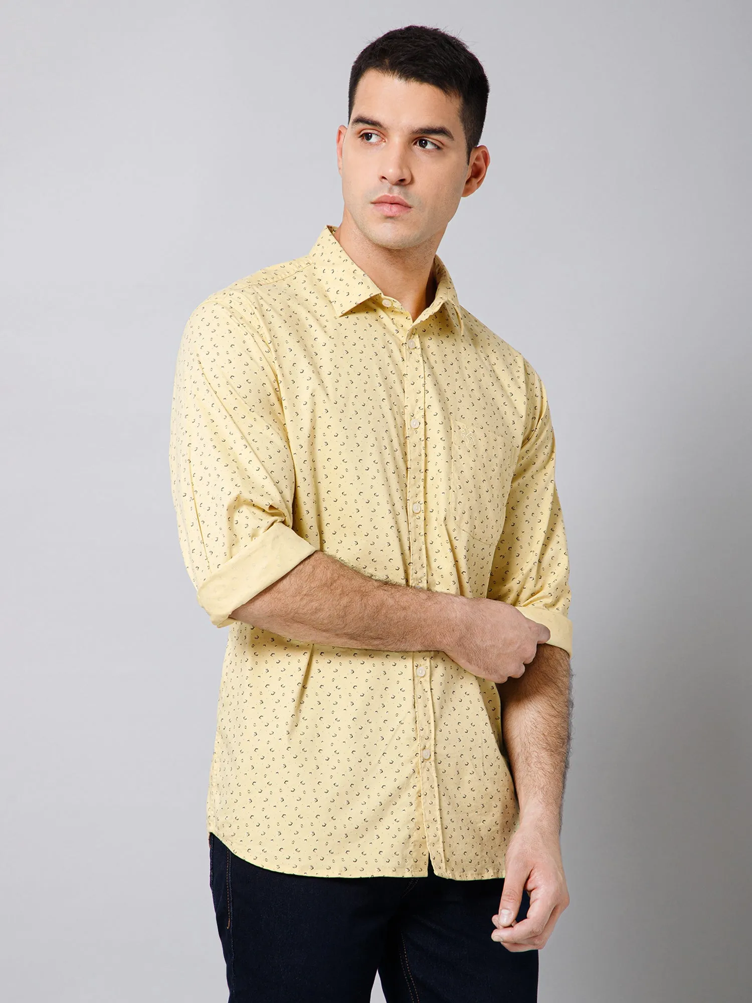 Men's Light Yellow Casual Ditsy Print Full Sleeve Shirt