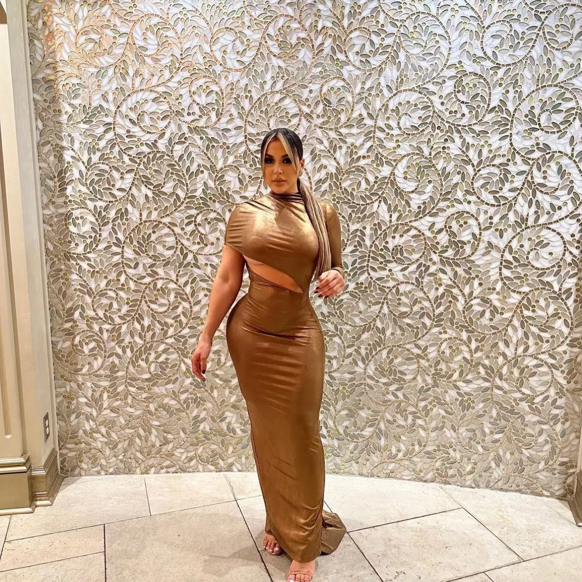 Metallic Bronze Latex Mock Neck One Sleeve Cut Out Train Gown