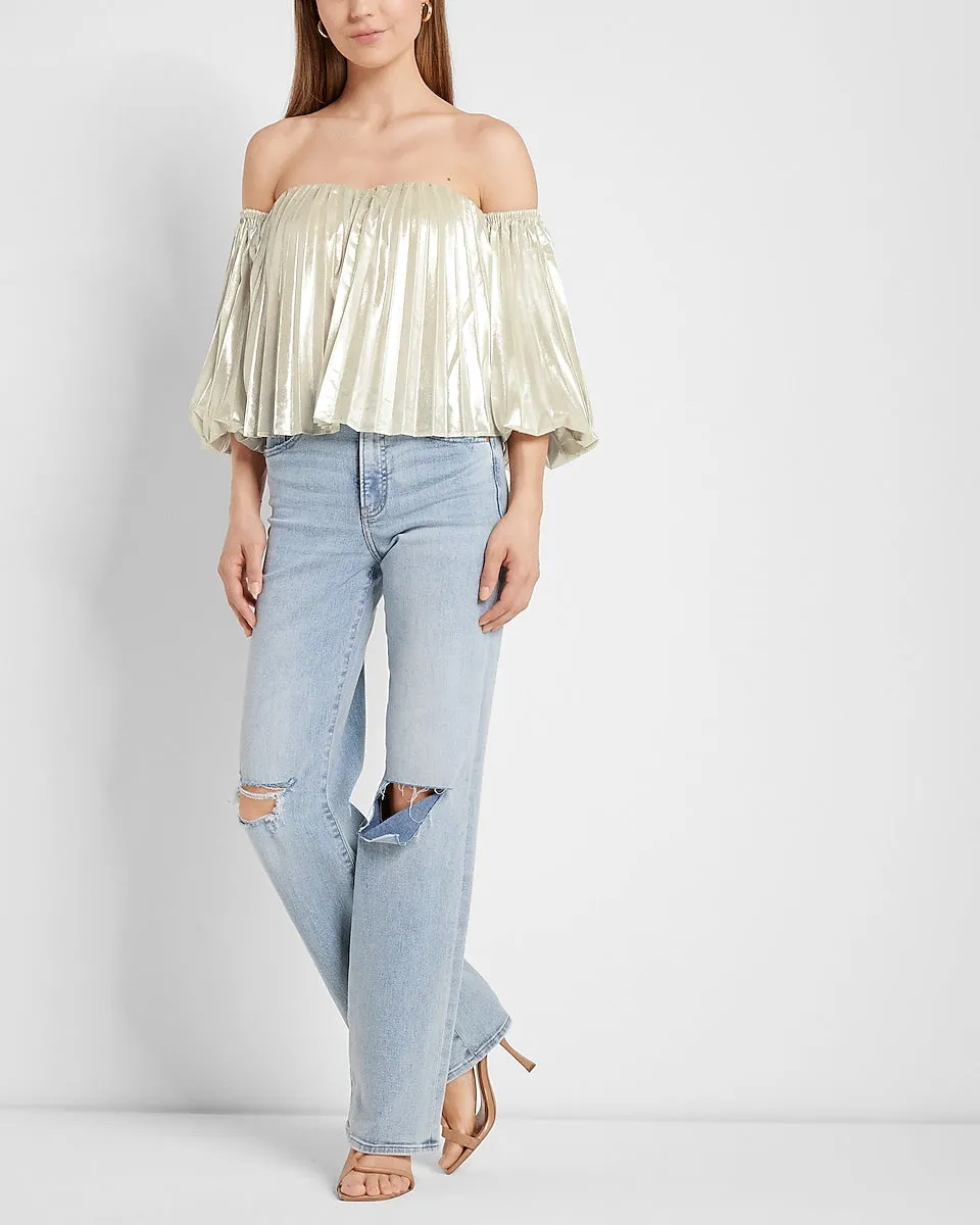 Metallic Pleated Off The Shoulder Balloon Sleeve Top in Metallic Silver