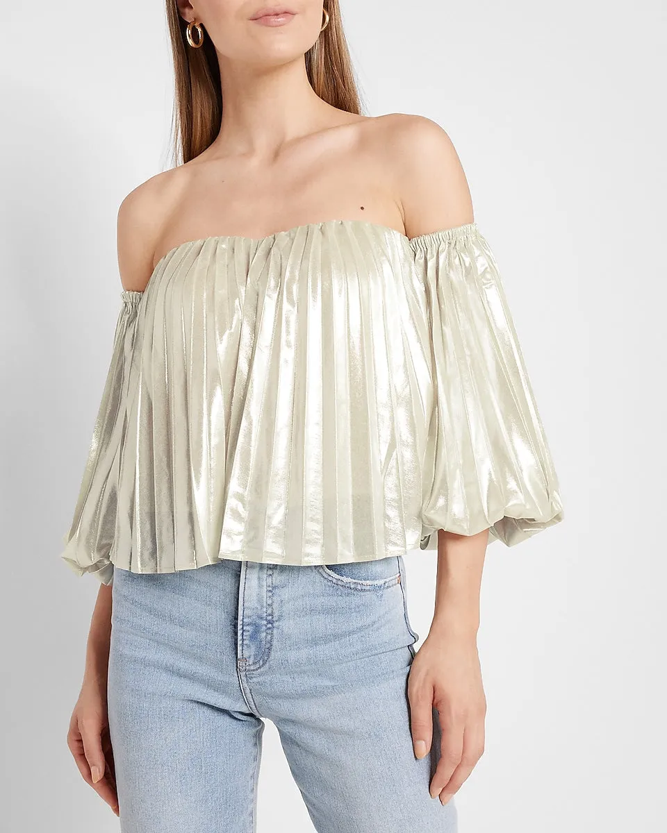Metallic Pleated Off The Shoulder Balloon Sleeve Top in Metallic Silver