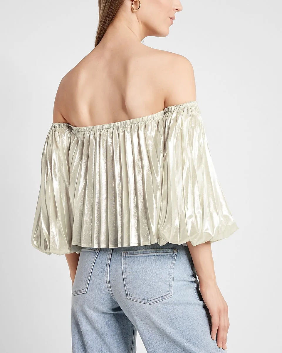 Metallic Pleated Off The Shoulder Balloon Sleeve Top in Metallic Silver