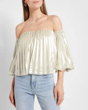 Metallic Pleated Off The Shoulder Balloon Sleeve Top in Metallic Silver