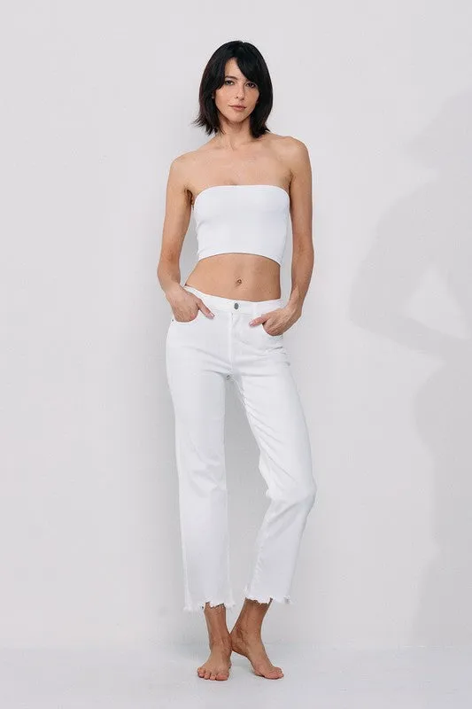 Mid Rise Crop Kick Flare Jeans W/ Frayed Hem