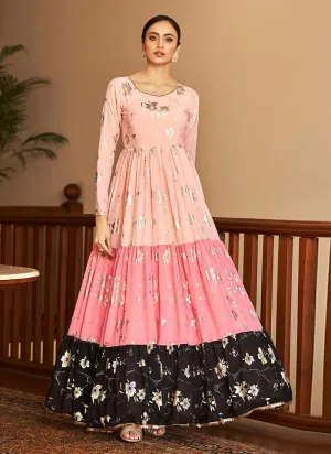 Pink Color Georgette Base Designer Gown With Metallic Foil Work