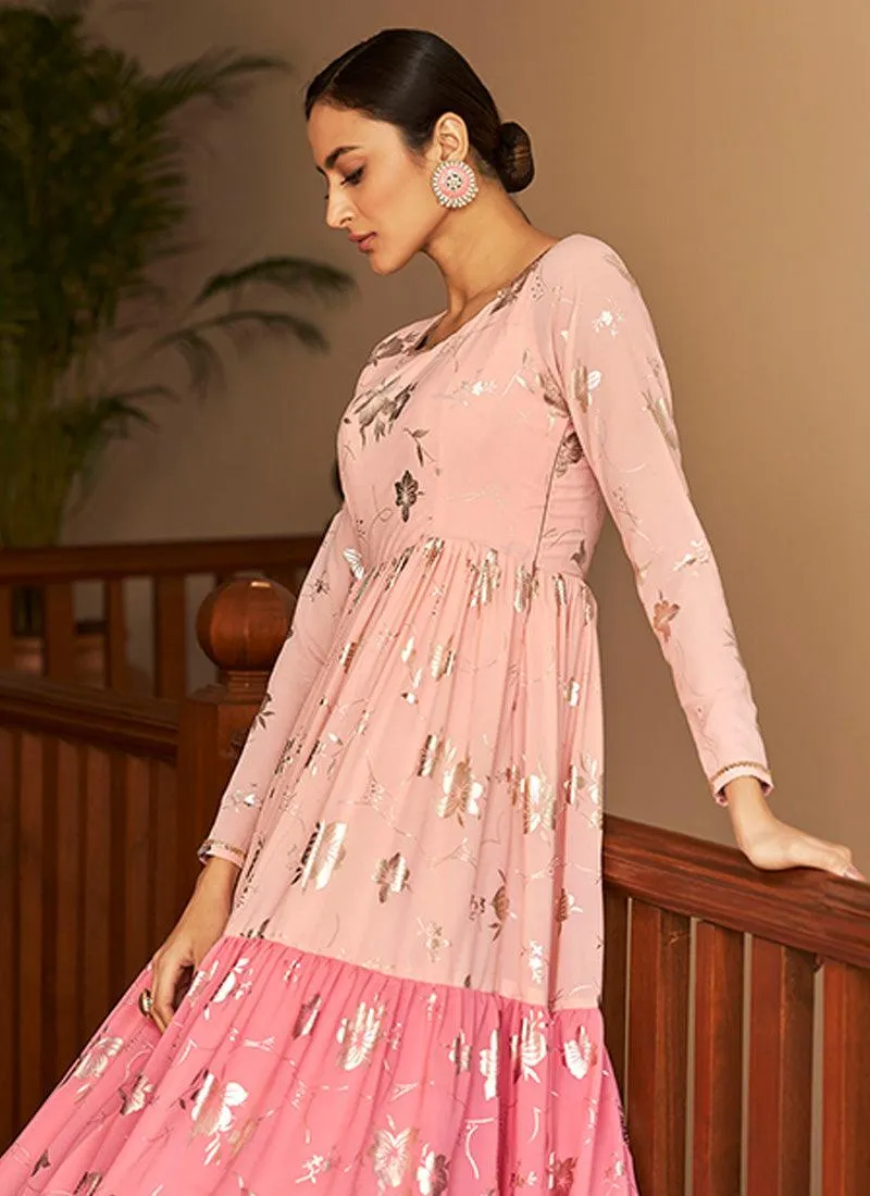 Pink Color Georgette Base Designer Gown With Metallic Foil Work