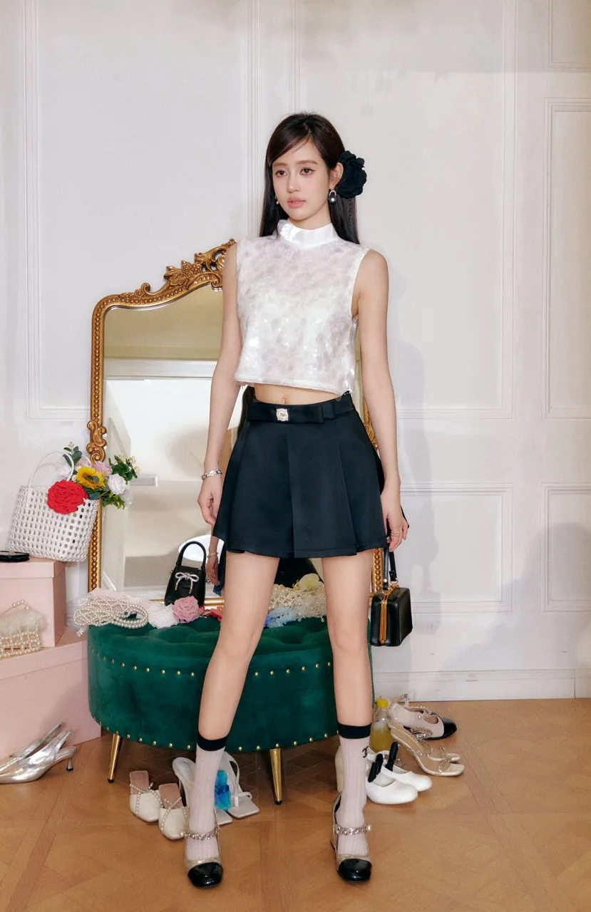 Satin Bow Black A-Line Half-Body Skirt