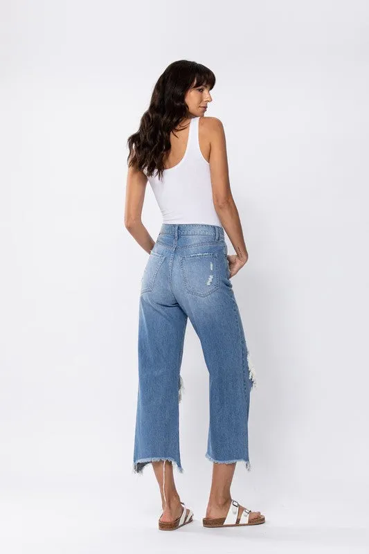 Super High Rise Cropped Wide Leg W Destroyed Knees