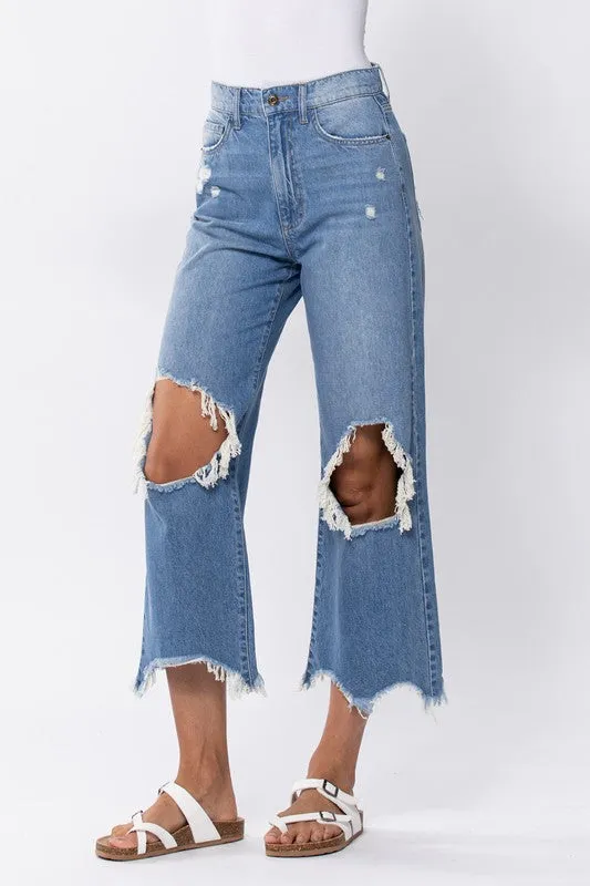 Super High Rise Cropped Wide Leg W Destroyed Knees