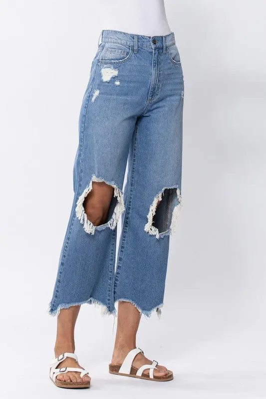 Super High Rise Cropped Wide Leg W Destroyed Knees