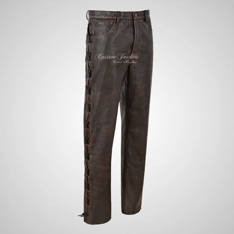 TROOPERS Men's Biker Vintage Leather Laced Pants