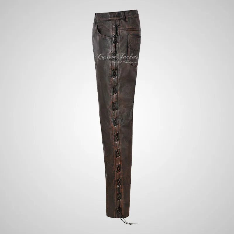 TROOPERS Men's Biker Vintage Leather Laced Pants