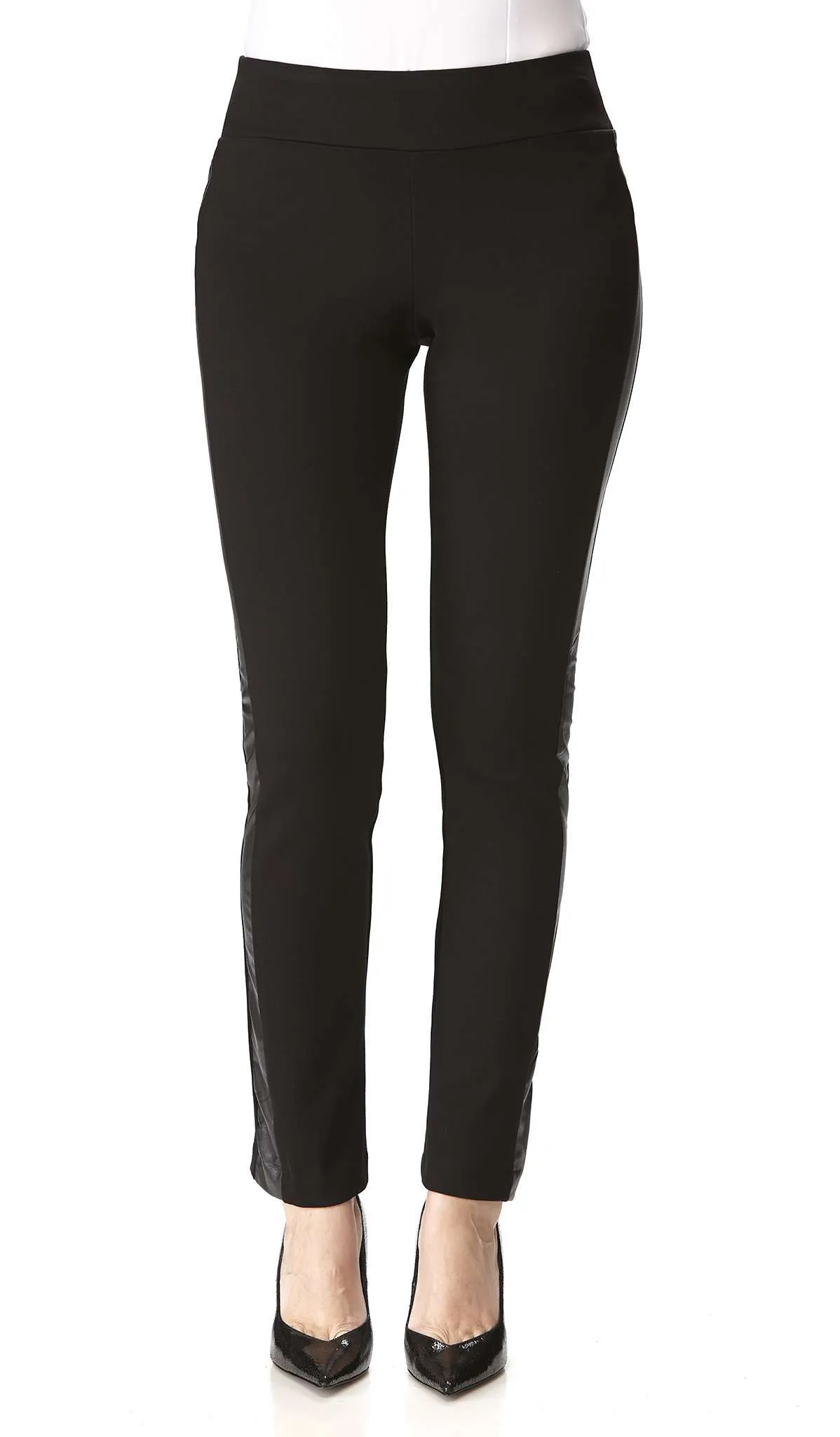 Women's Pants Black With Faux Leather trim Quality Stretch Comfort Fabric made in Canada Yvonne Marie Boutiques
