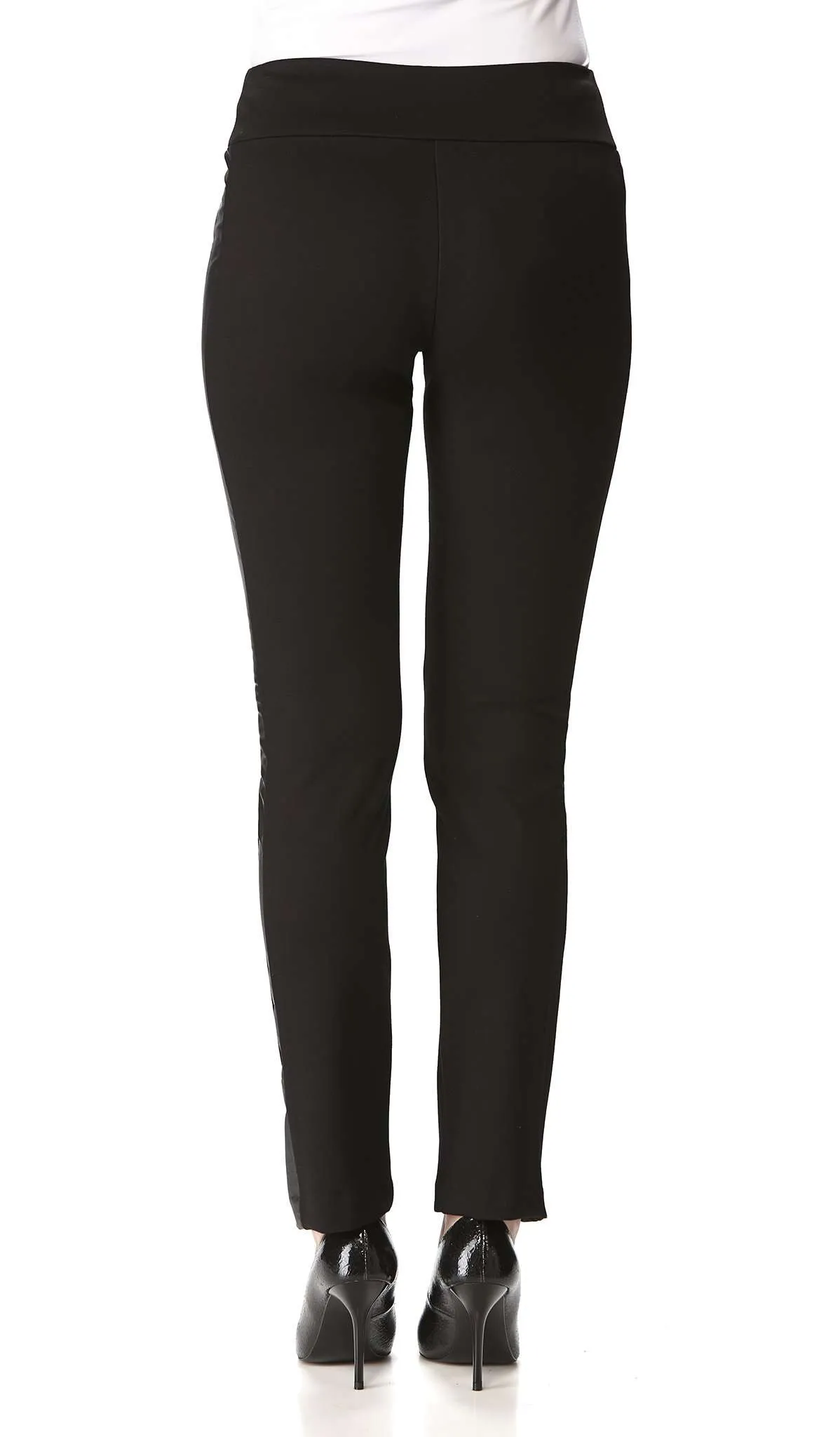 Women's Pants Black With Faux Leather trim Quality Stretch Comfort Fabric made in Canada Yvonne Marie Boutiques